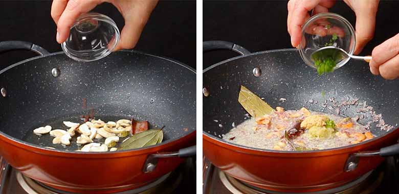 The left image shows whole spices and cashew nuts being sautéed in a non stick kadhai while the image on the right shows a hand spooning fresh green chillies into the kadhai with sautéing onions in it - Vermicelli Pulao Recipe